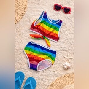Fancy Schmancy Rainbow Bikini 3/4 Girls Two Piece Swim Set Bright Beach Cute
